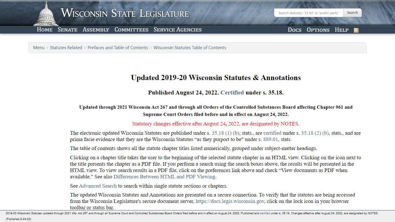 Wisconsin Statutes Table of Contents